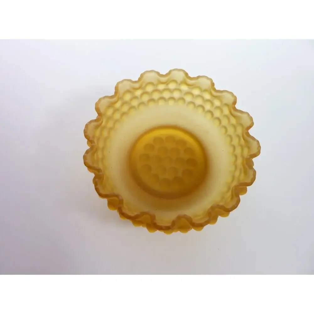 Vintage Frosted Hobnail Glass Bowl Amber Crested Ruffled Satin Yellow Candy Dish
